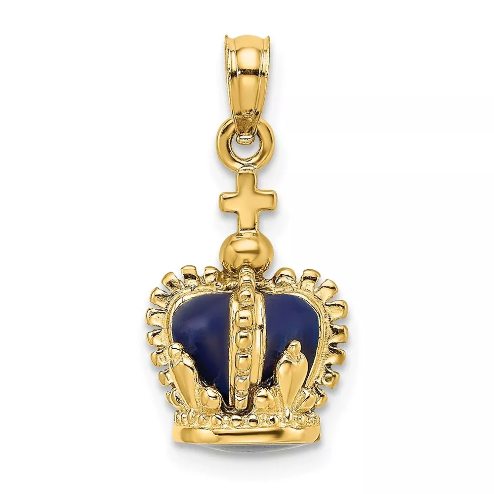 14k Yellow Gold 3-D w/ Enamel Crown w/ Cross On Top Charm