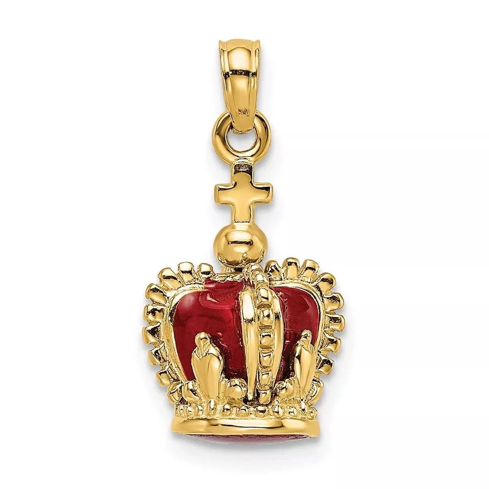 14k Yellow Gold 3-D w / Red Enamel Inside Crown w / Cross On top Charm