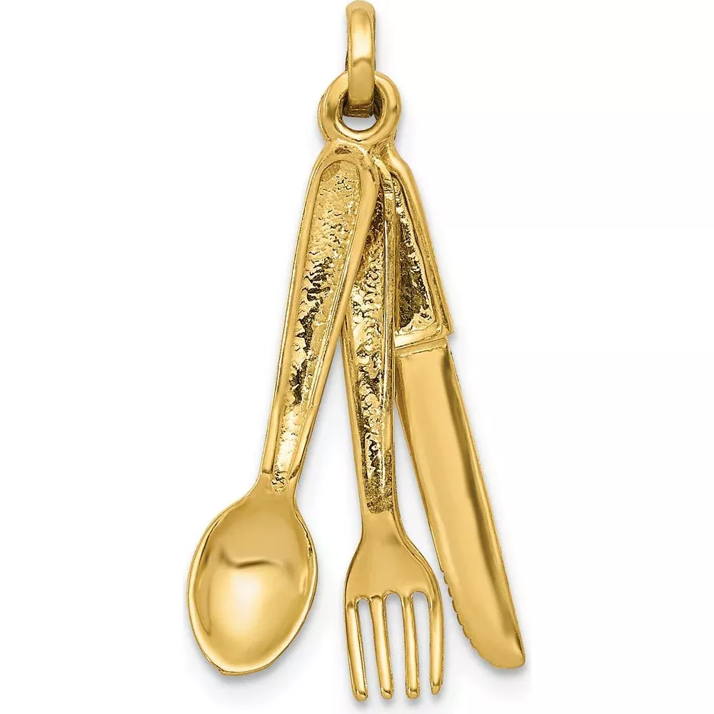 14K Yellow Gold 3D Knife, Fork, and Spoon Charm - Polished by Oro Pregiato