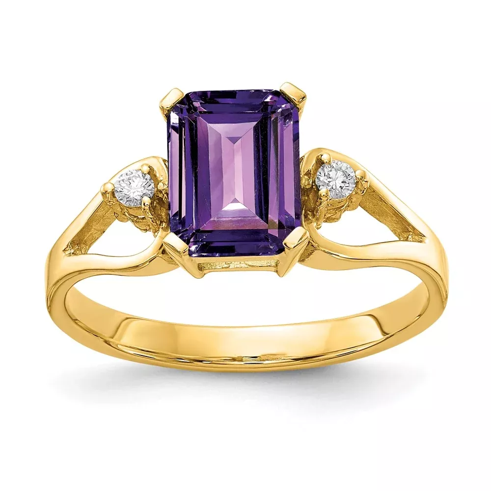 14k Yellow Gold 8x6mm Emerald Cut Amethyst VS Diamond ring