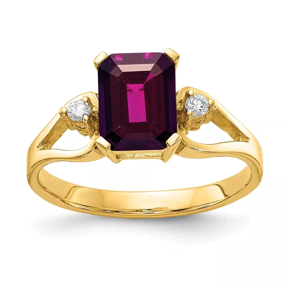 14k Yellow Gold 8x6mm Emerald Cut Rhodolite Garnet AA Diamond ring