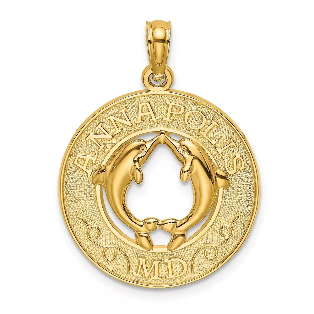 14k Yellow Gold ANNAPOLIS MD Circle Dolphins Charm