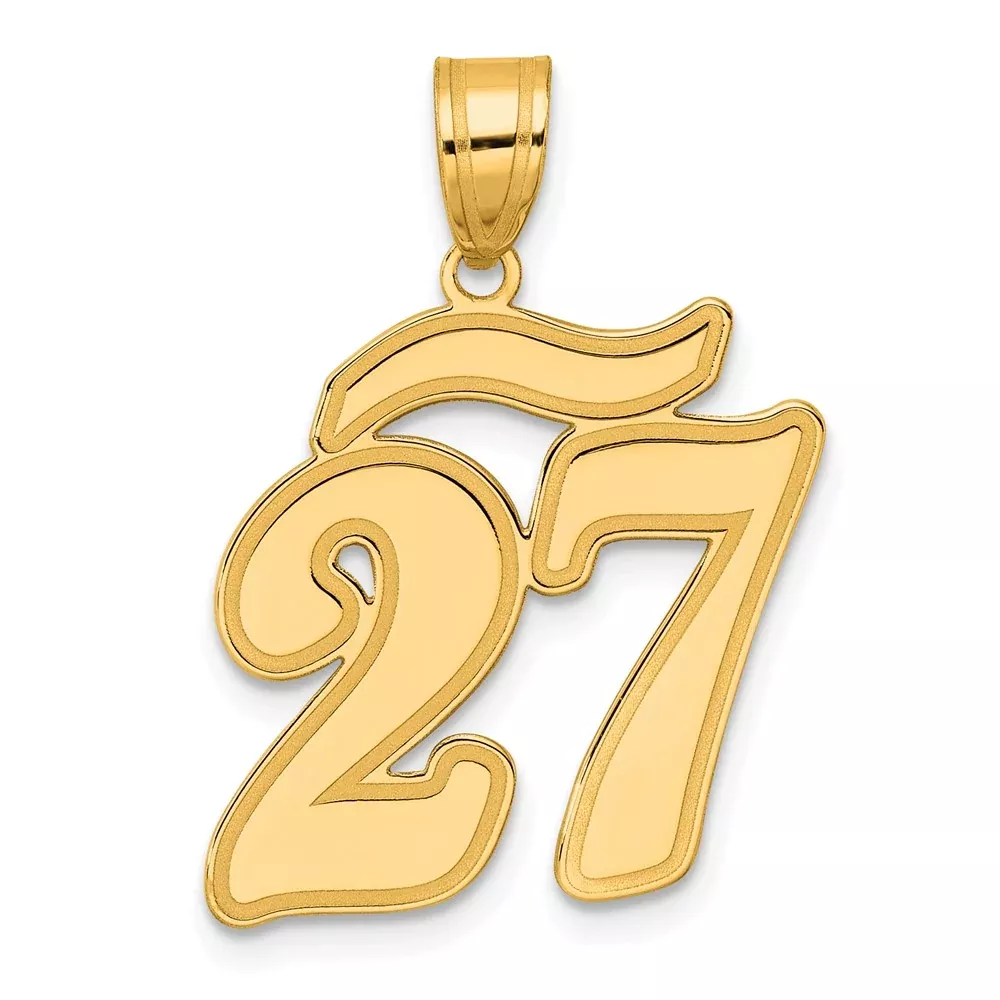 14k Yellow Gold Brushed Border Script Number 27 Pendant