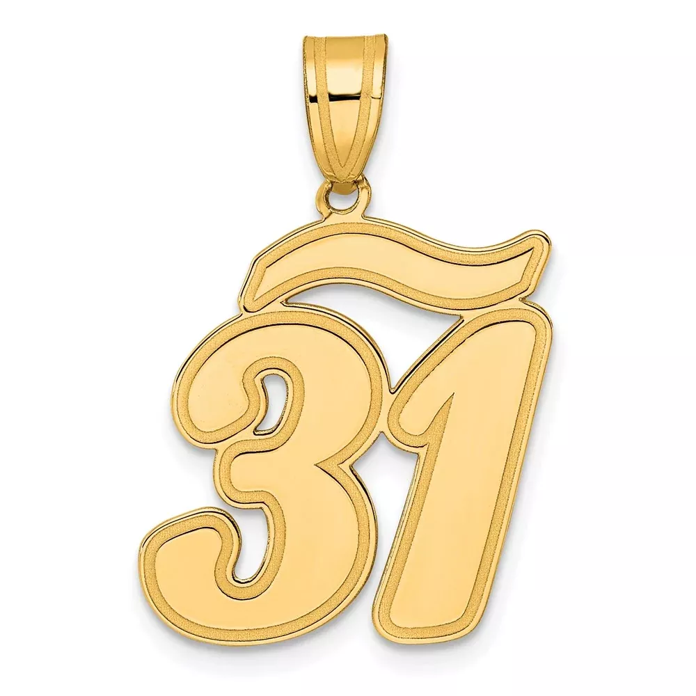 14k Yellow Gold Brushed Border Script Number 31 Pendant