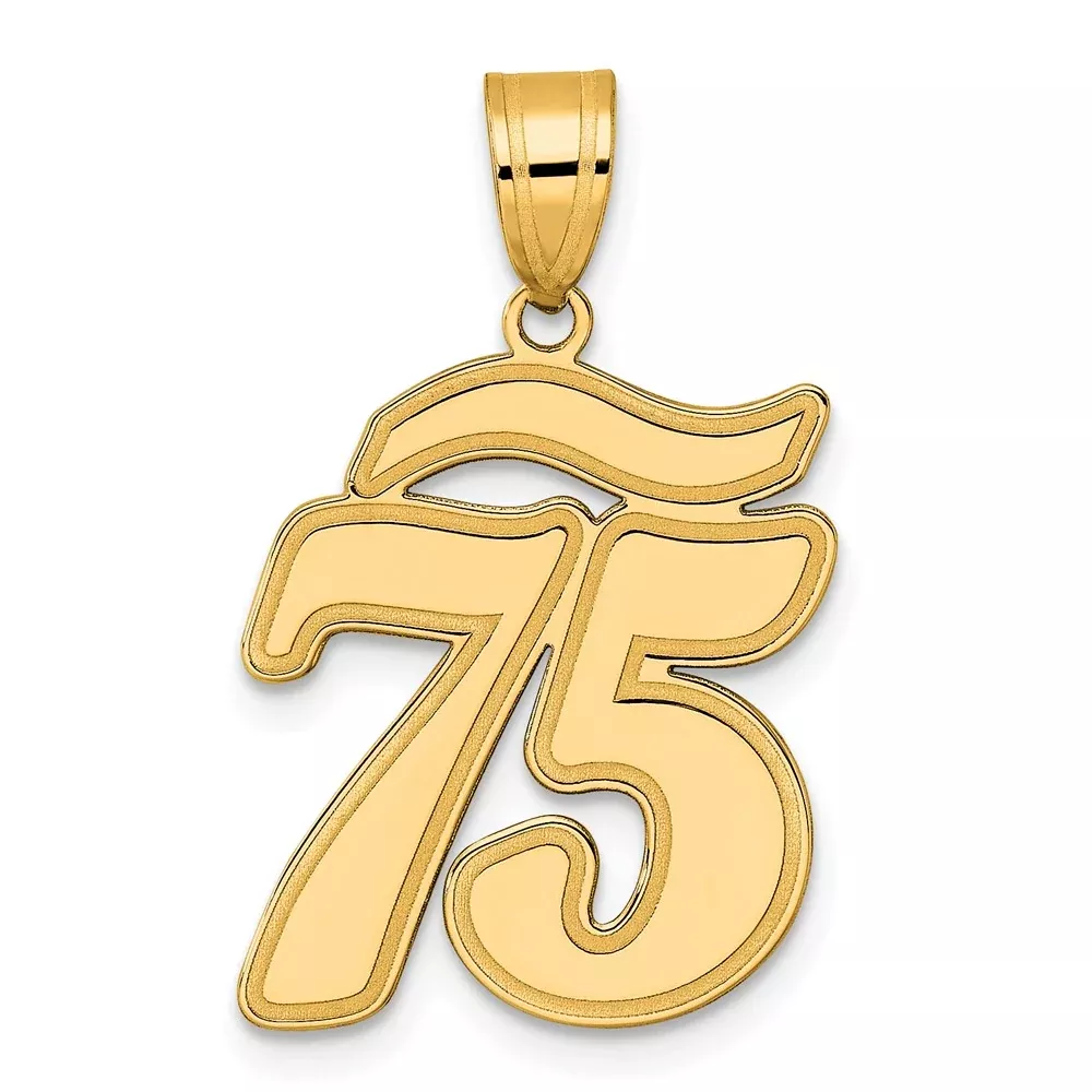 14k Yellow Gold Brushed Border Script Number 75 Pendant