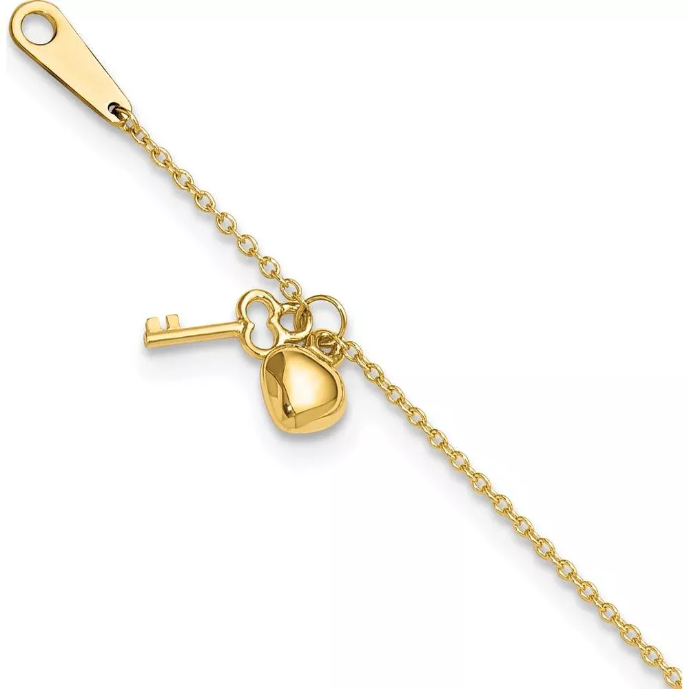 14K Yellow Gold Cable Chain Anklet with Puffed Heart and Key Dangle - Adjustable 10" Length by Oro Pregiato