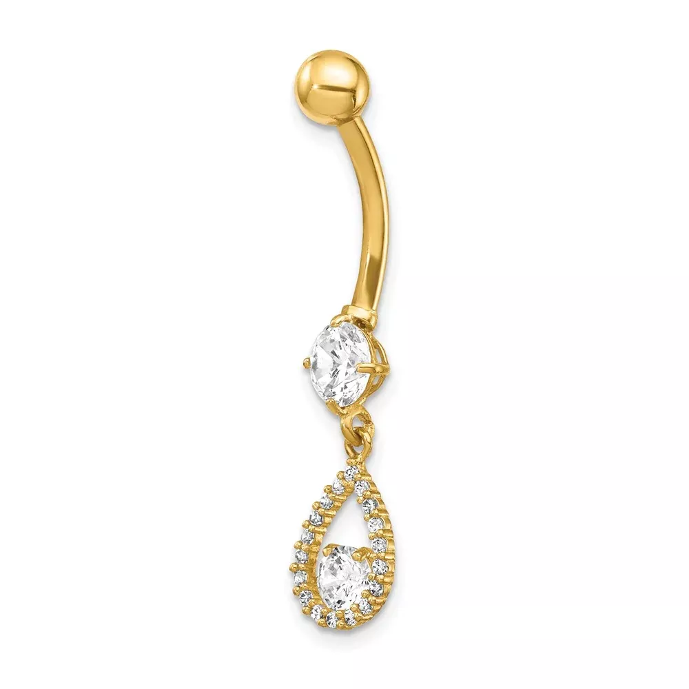 14K Yellow Gold CZ Teardrop Dangle Belly Ring