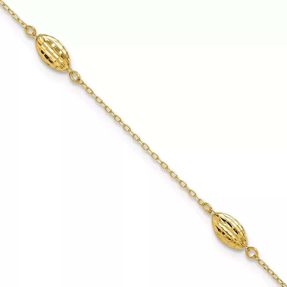 14K Yellow Gold Diamond-Cut Rice Puff Bead 4-Station Adjustable Anklet with 1" Extender by Oro Pregiato