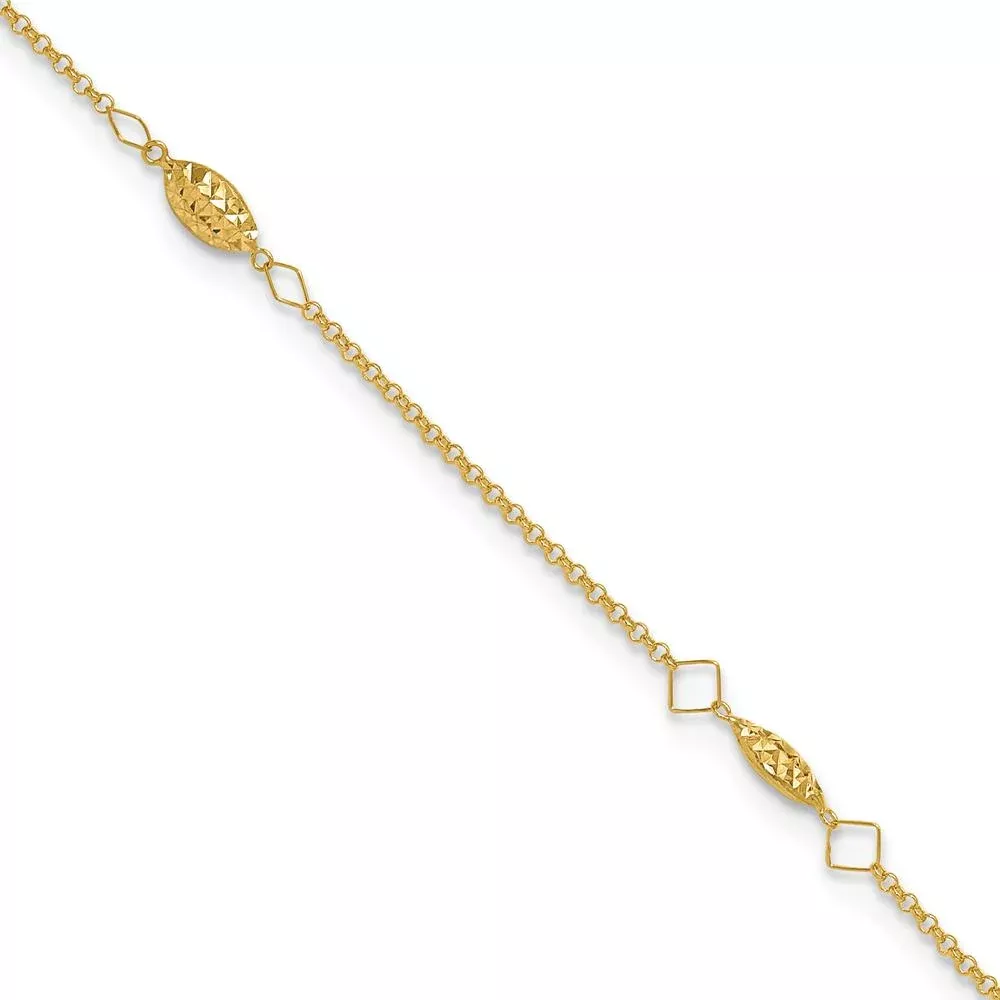 14K Yellow Gold Diamond-Cut Rice Puff Beads 4-Station Anklet with 1" Extender - Adjustable 10" Length by Oro Pregiato