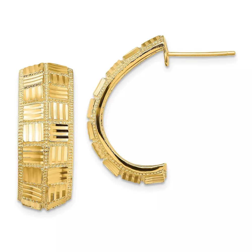 14k Yellow Gold Diamond-Cut Square J-Hoop Post Earrings