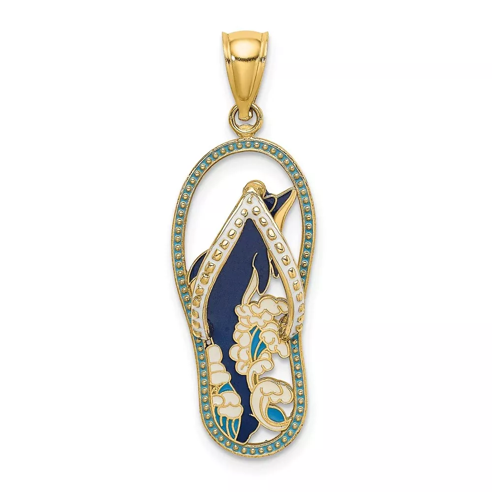 14k Yellow Gold Enamel Dolphin Flip-Flop Charm