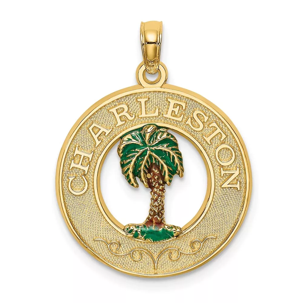 14k Yellow Gold Enamel Palm Tree CHARLESTON Circle Charm