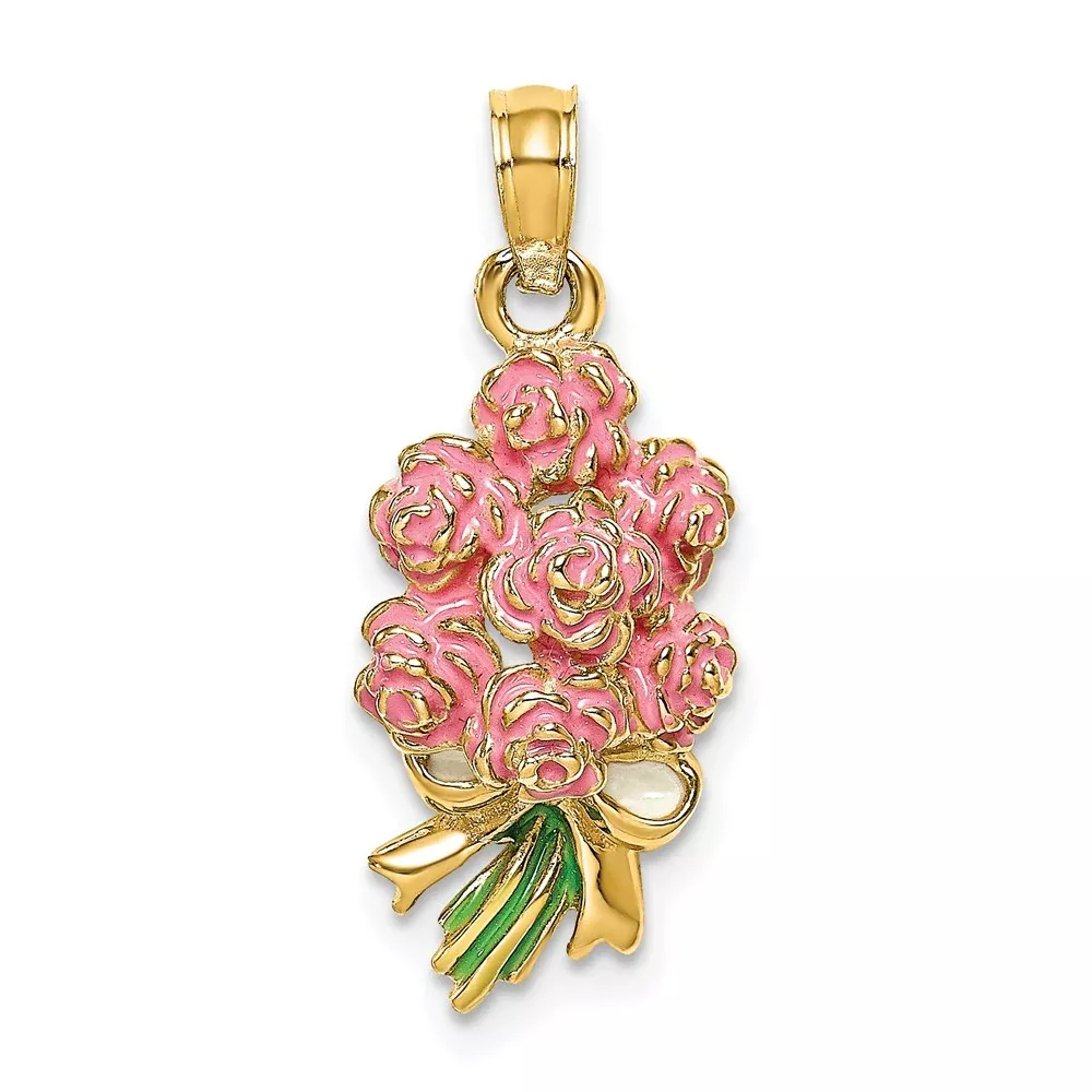14k Yellow Gold Enameled Bouquet of Pink Roses