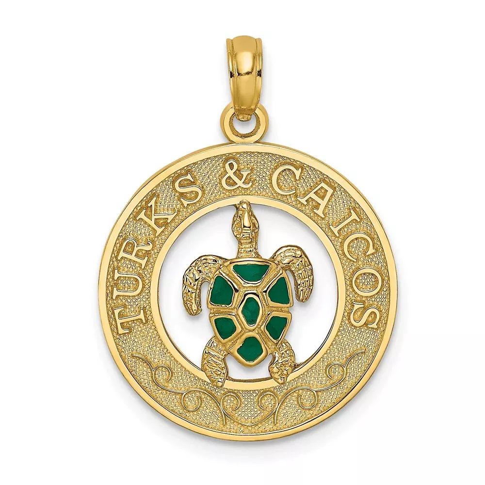 14k Yellow Gold Enameled TURKS AND CAICOS with Turtle Circle Charm