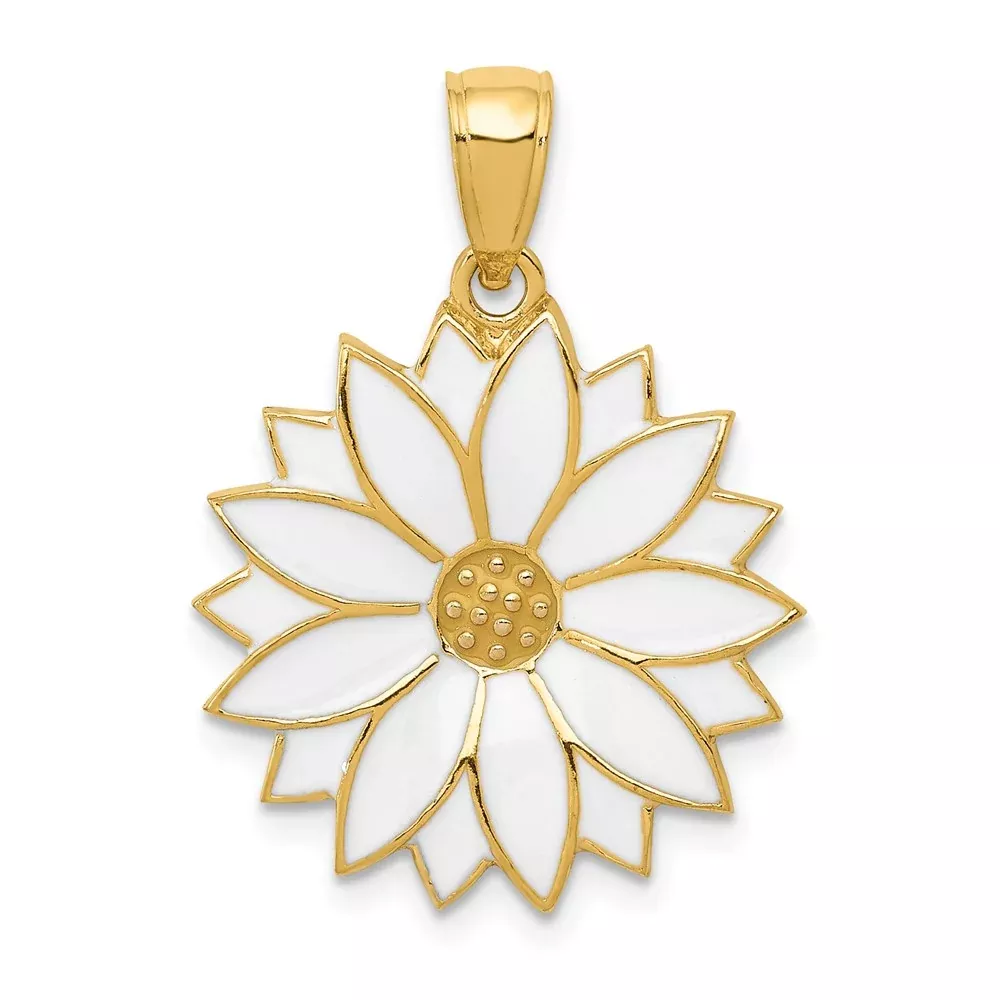 14k Yellow Gold Enameled White Daisy Flower Pendant