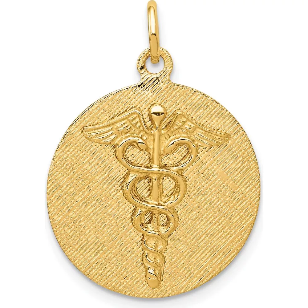 14K Yellow Gold Engravable Caduceus Disc Charm - Polished Finish by Oro Pregiato
