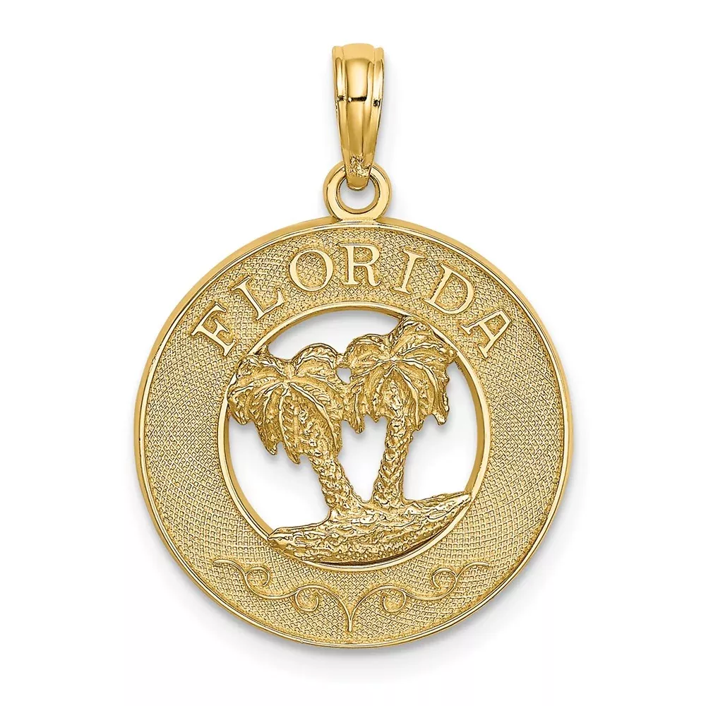14k Yellow Gold FLORIDA w/Double Palm Tree Circle Charm