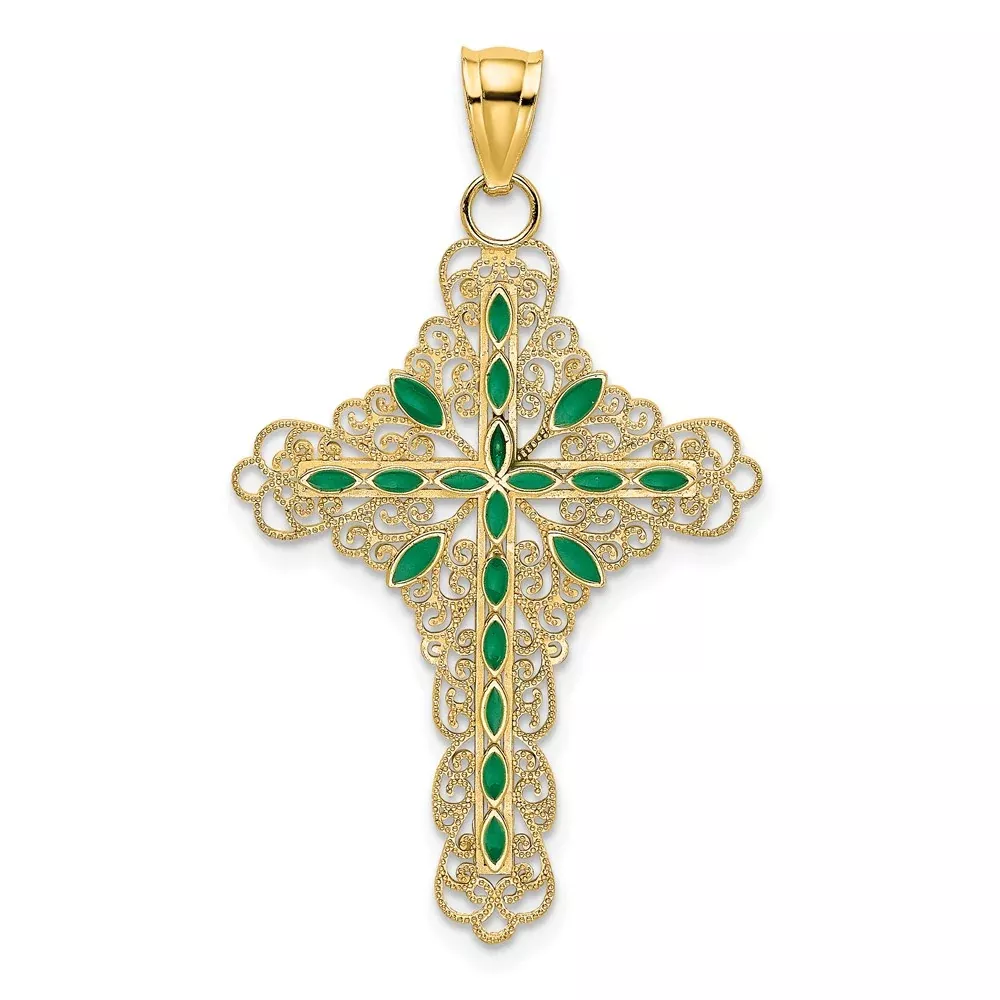 14k Yellow Gold Green Enamel Filigree Cross Charm