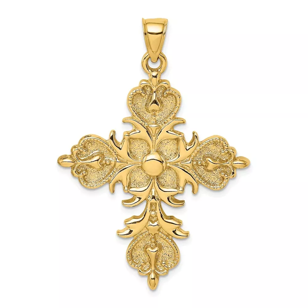 14k Yellow Gold Large Cross w/ Fleur-De-Lis Tips Solid Back Charm