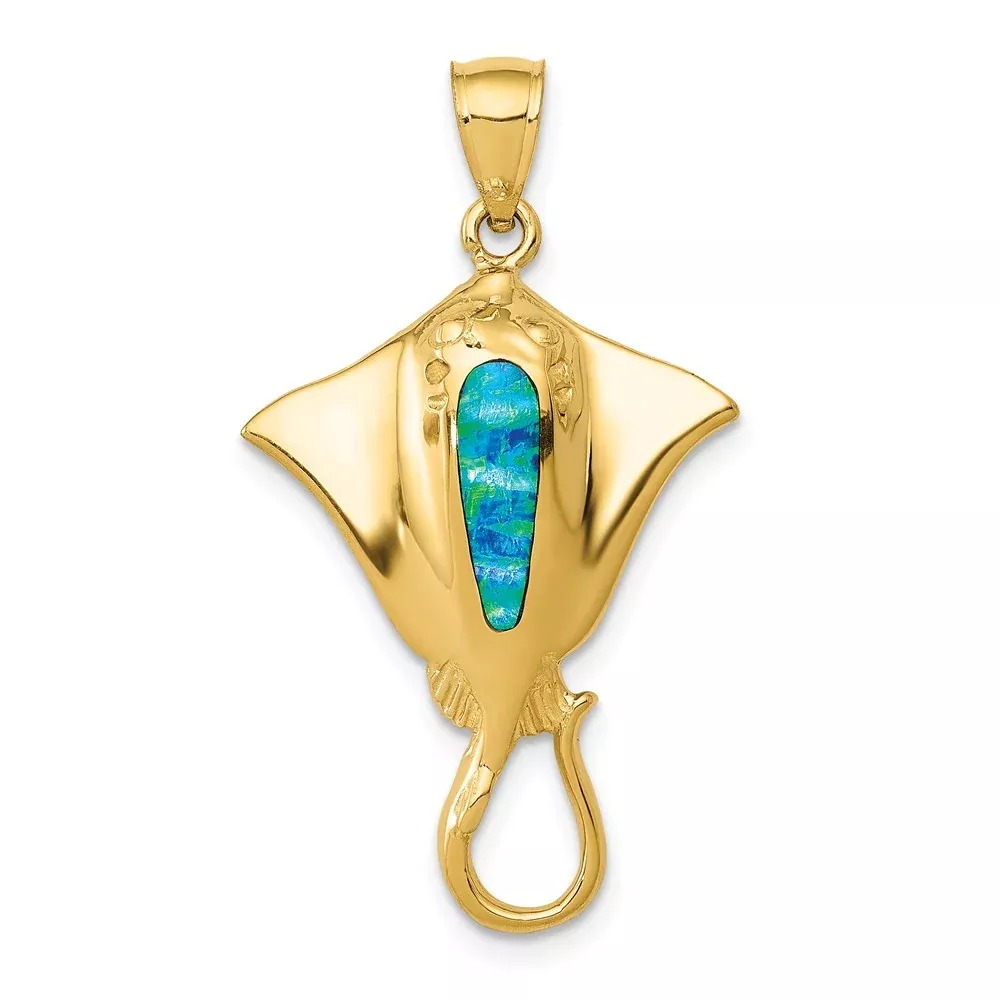 14k Yellow Gold Polished Created Blue Opal Stingray Pendant