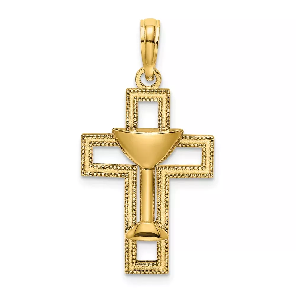 14k Yellow Gold Polished Cross W/ Communion Cup Charm