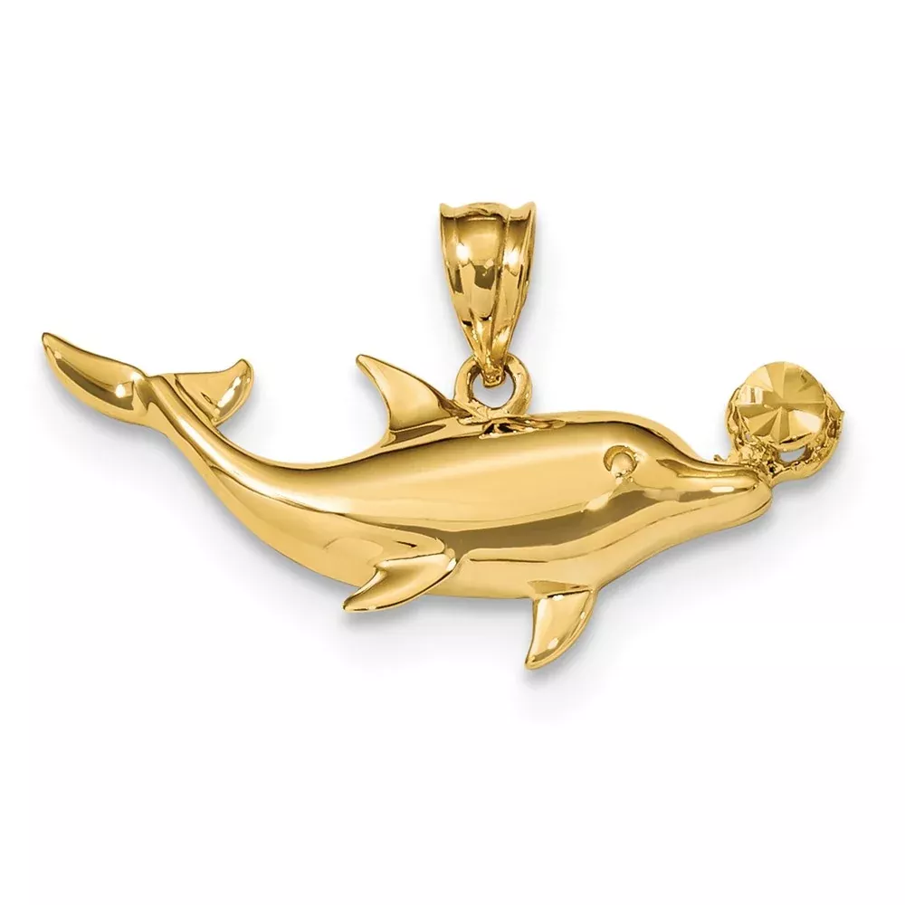 14k Yellow Gold Polished & Diamond-cut Dolphin w/Ball Pendant