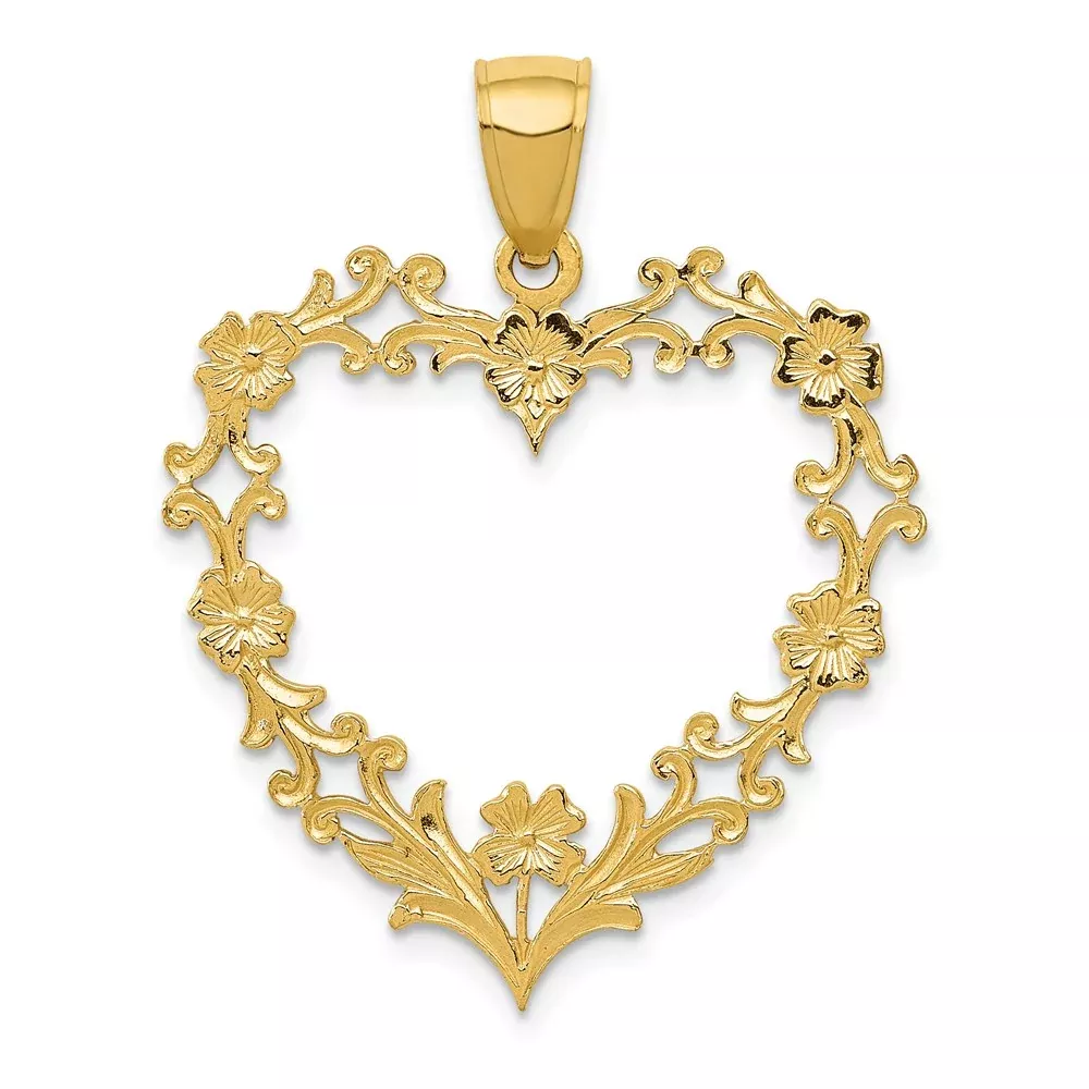 14k Yellow Gold Polished Floral Border Heart Pendant