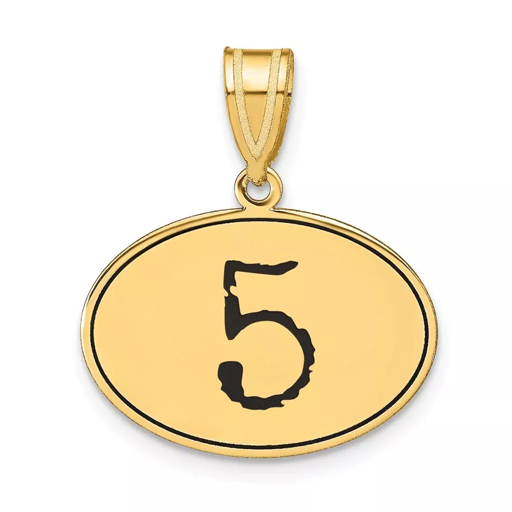 14k Yellow Gold Polished Number 5 Black Enamel Oval Pendant