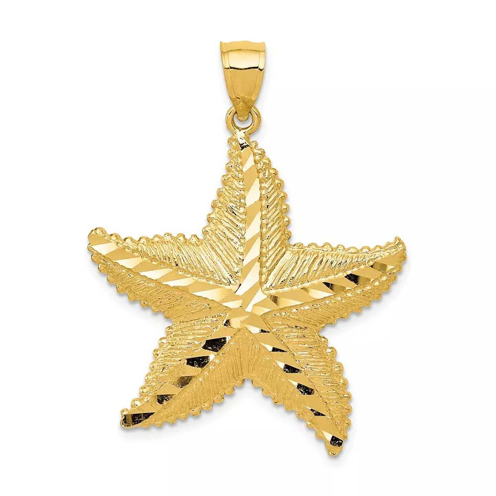 14k Yellow Gold Polished and Textured Diamond-cut Starfish Pendant