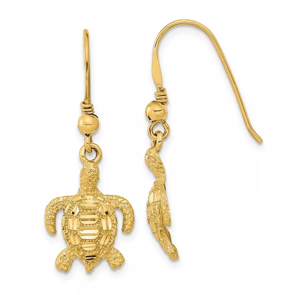 14k Yellow Gold Polished & Textured Diamond-cut Turtle Shepherd Hook Earrings