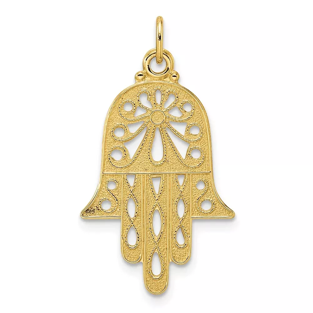 14k Yellow Gold Polished and Textured Solid Hamsa Pendant