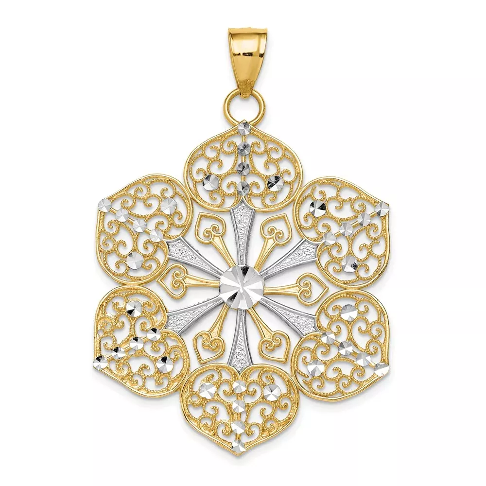 14k Yellow Gold Rhodium Diamond Cut Filigree Pendant