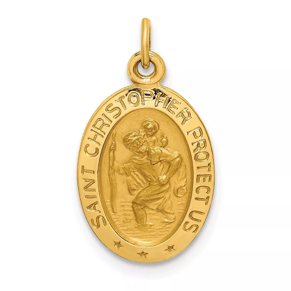 14k Yellow Gold Solid Polished /Satin Extra Small Oval St. Christopher Medal