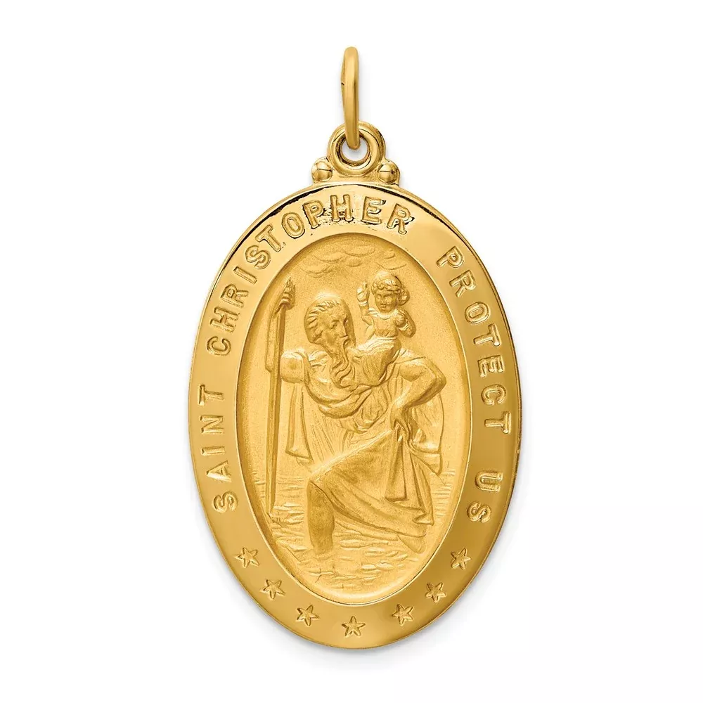 14k Yellow Gold Solid Polished /Satin Large Oval St. Christopher Medal