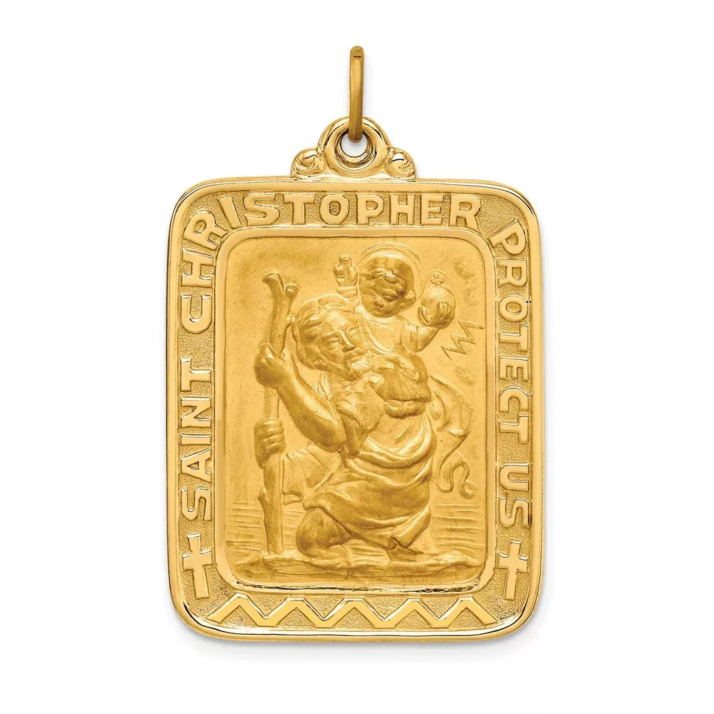 14k Yellow Gold Solid Polished /Satin Large Rectangle St. Christopher Medal