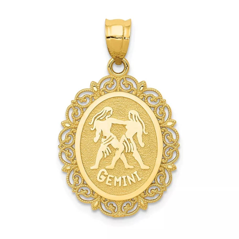 14k Yellow Gold Solid Satin Polished Gemini Zodiac Oval Pendant
