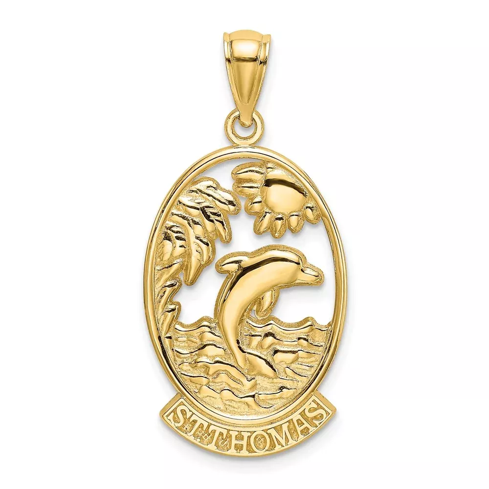14k Yellow Gold ST. THOMAS w/Dolphin Sunset Scene Charm