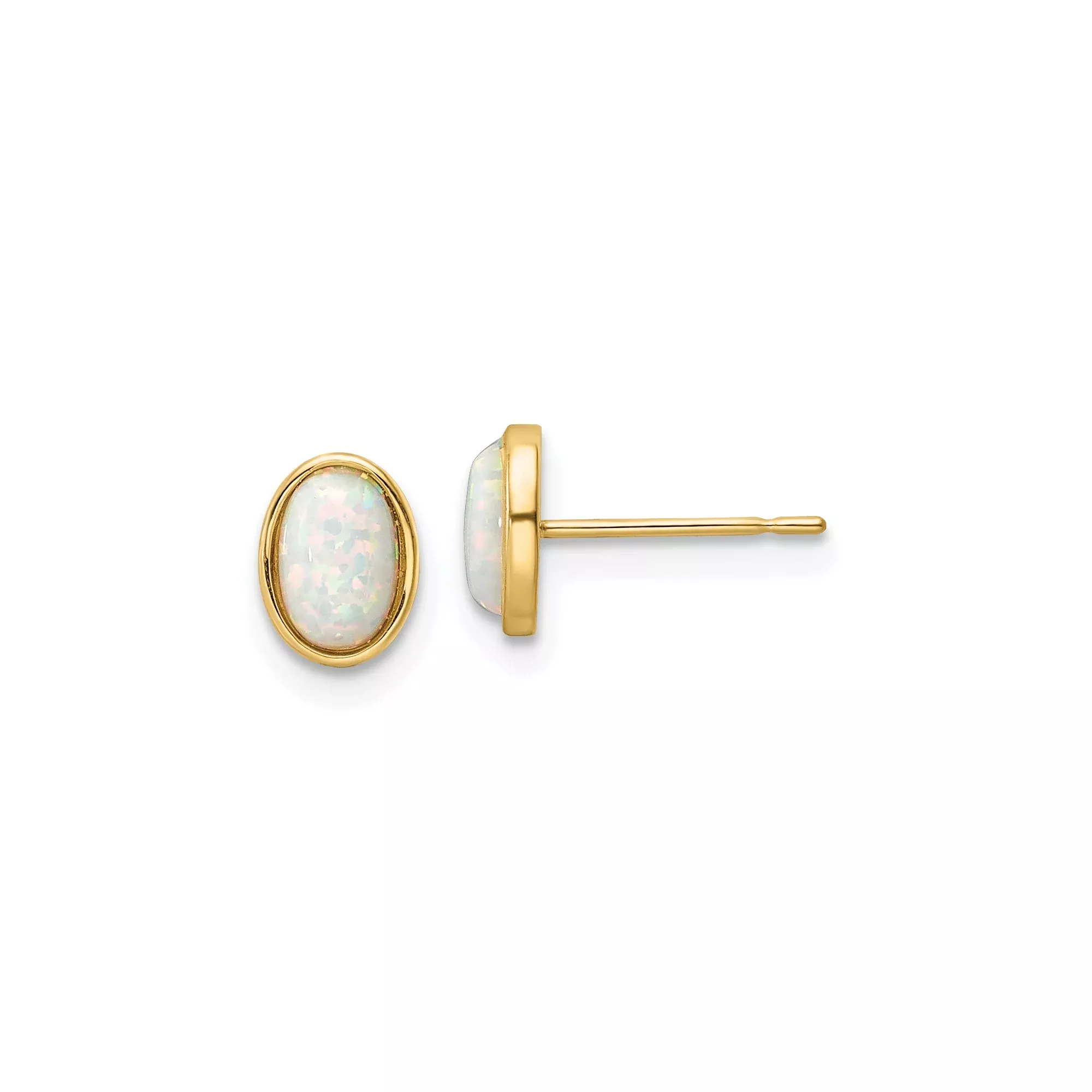 14k Yellow Gold Stud Earrings with Created Opal, Oval Bezel Set Minimalist Design