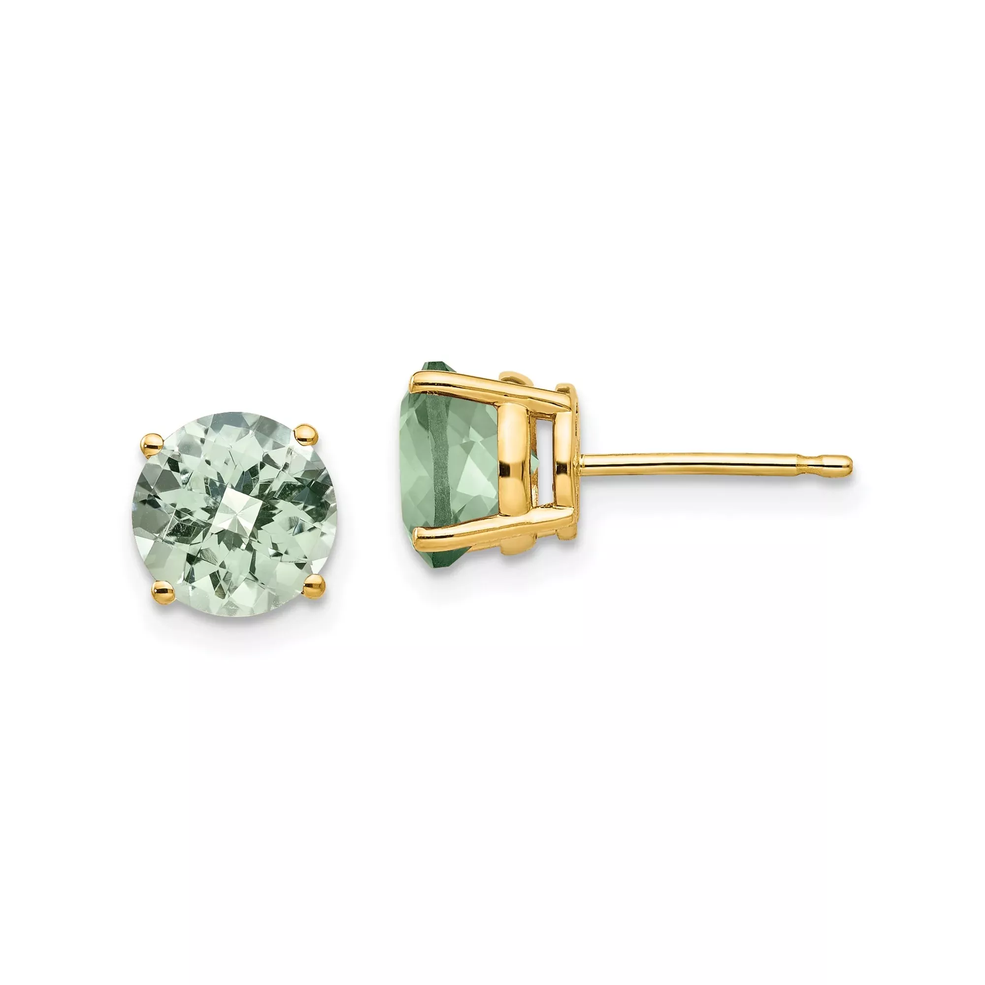 14k Yellow Gold Stud Earrings with Round Green Quartz in Four-Prong Setting