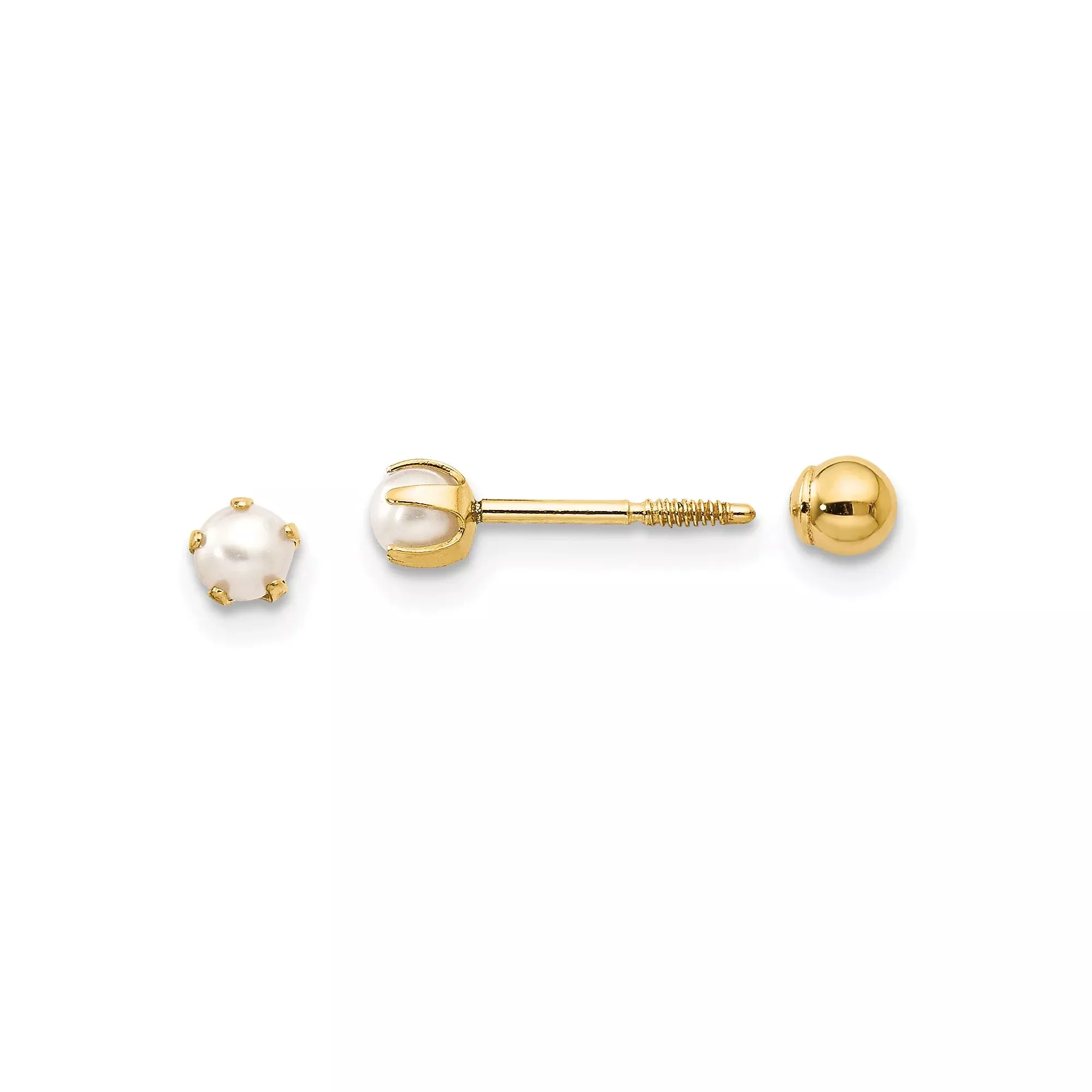 14k Yellow Gold Stud Earrings with White Pearls, Prong Setting, Screw Back