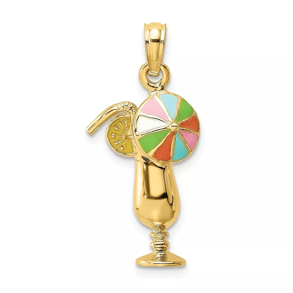 14k Yellow Gold Tropical Drink w/Multi-Colored Enamel Umbrella Charm