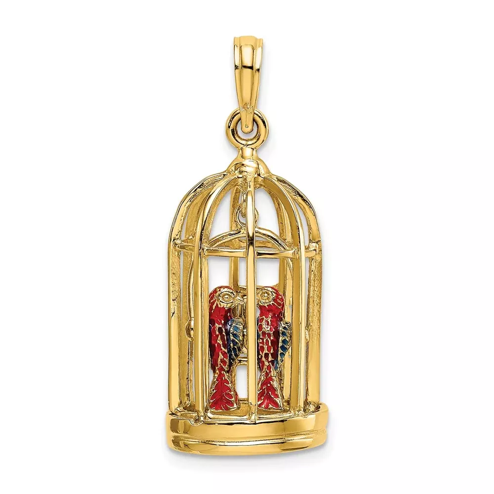 14k Yellow Gold w/ Enamel 3-D Bird Cage w/ 2 Birds and Doors Open Charm