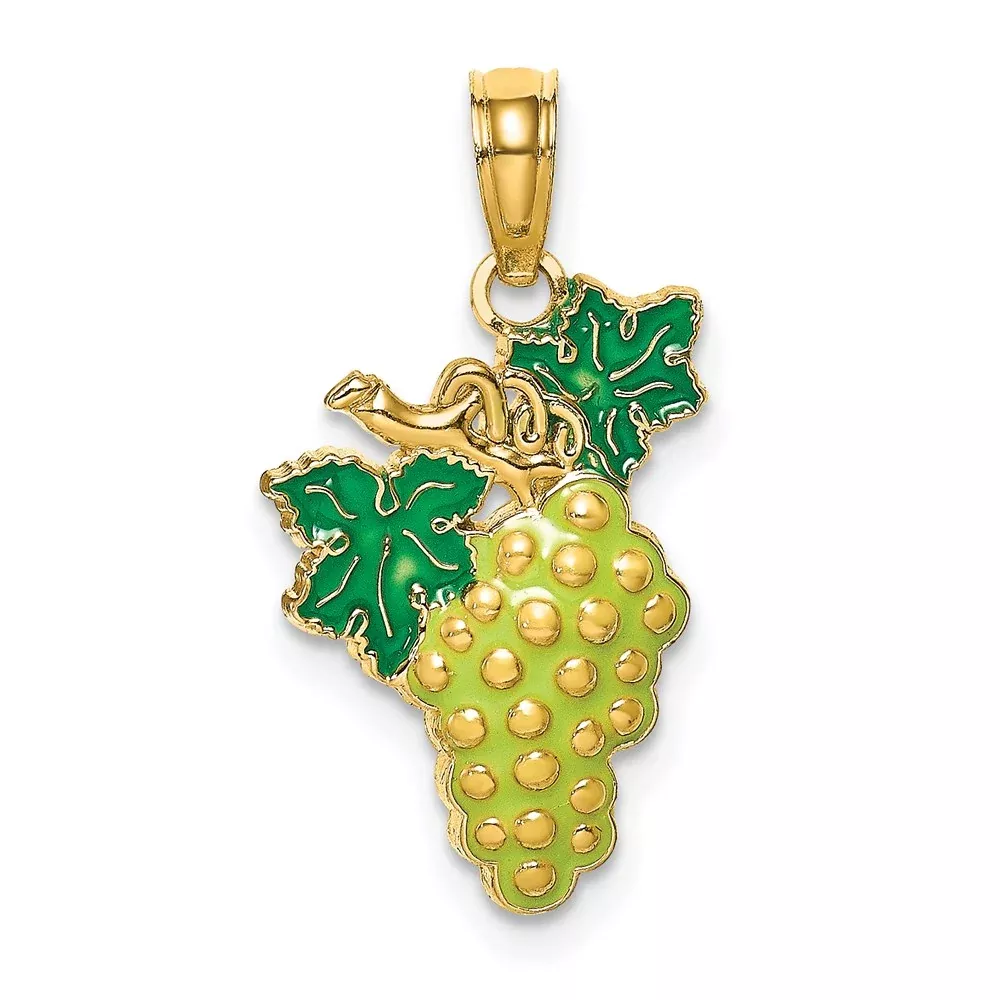14k Yellow Gold W/ Enamel Grapes W/ Stem and Leaf Charm