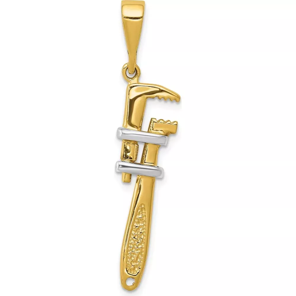 14K Yellow Gold and White Rhodium 3D Pipe Wrench Charm - Solid 14K Gold Construction by Oro Pregiato