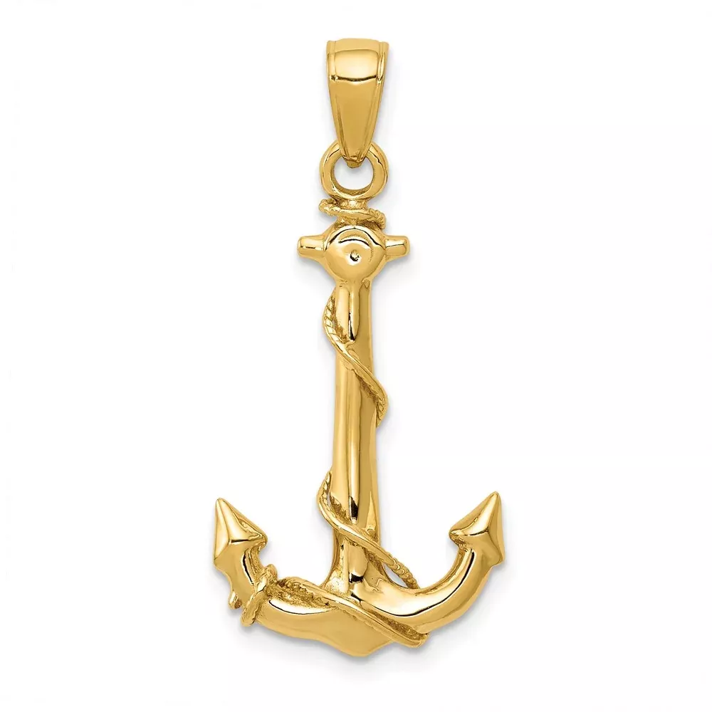 14k Yellow Gold3D Anchor W /Rope Pendant