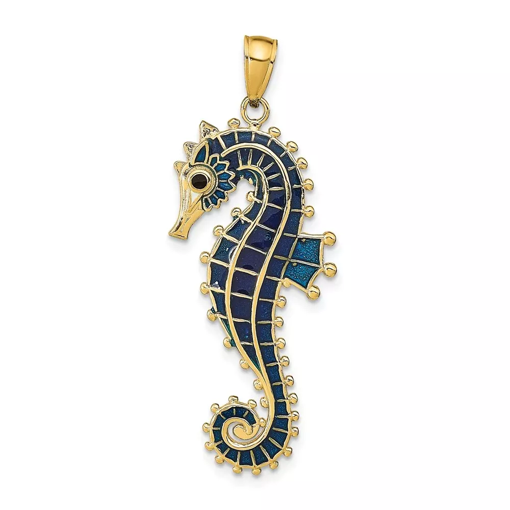 14k Yellow Gold3D Enameled Seahorse Pendant