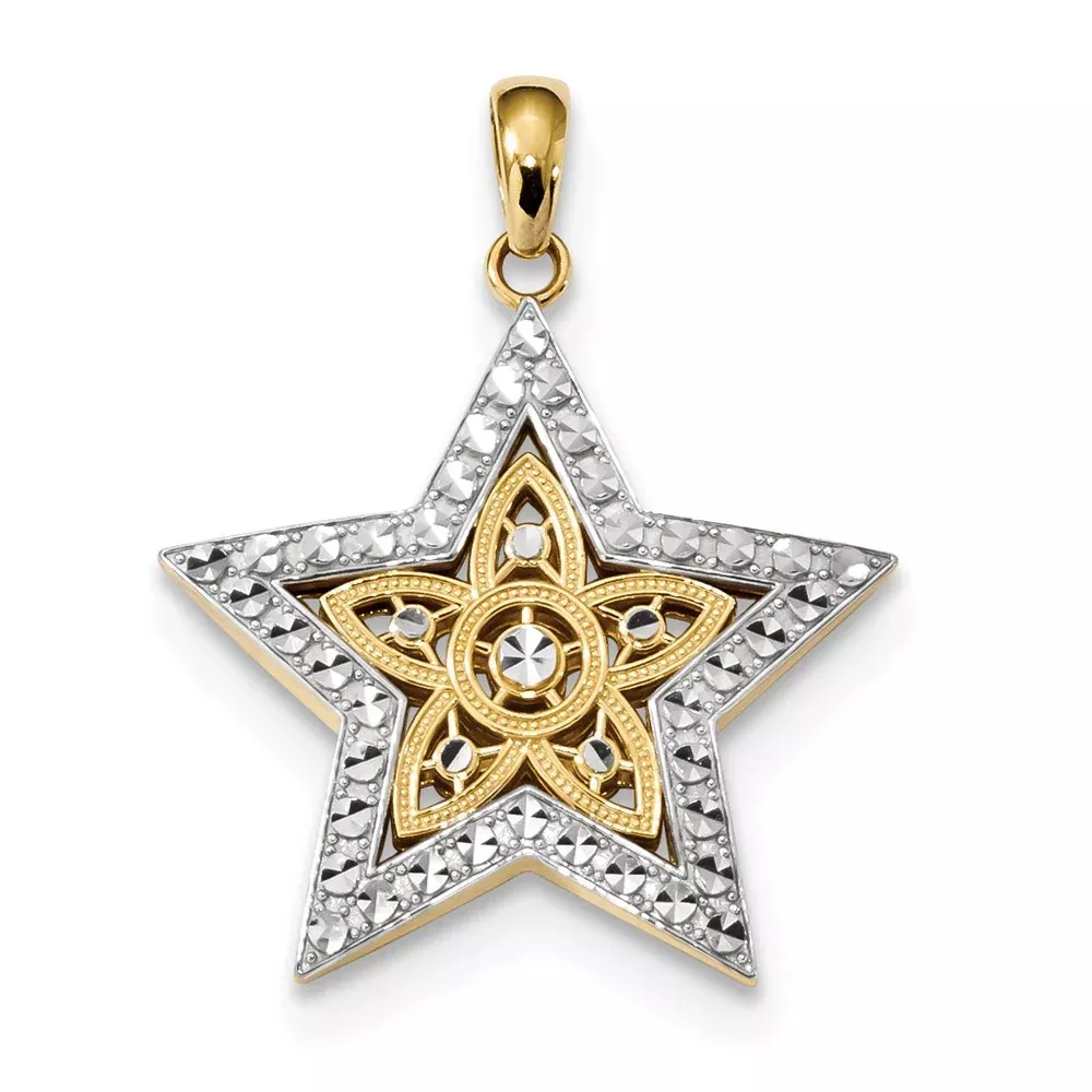 14k Yellow & Rhodium Gold w/Rhodium Diamond-cut Star Pendant