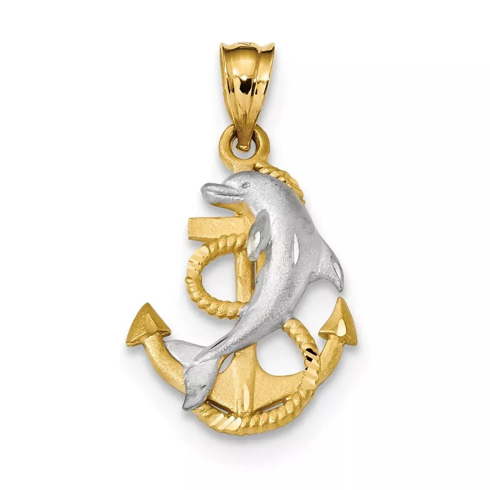 14k Yellow & Rhodium Gold w/White Rhodium Satin D/C Dolphin & Anchor Pendant