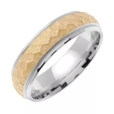 14K7mm Wide White Gold With Yellow Gold Handmade Honey Cone Pattern Wedding Band