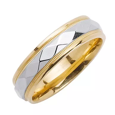 18K Yellow Gold With White Gold 6mm Handmade Diamond Pattern Wedding Band